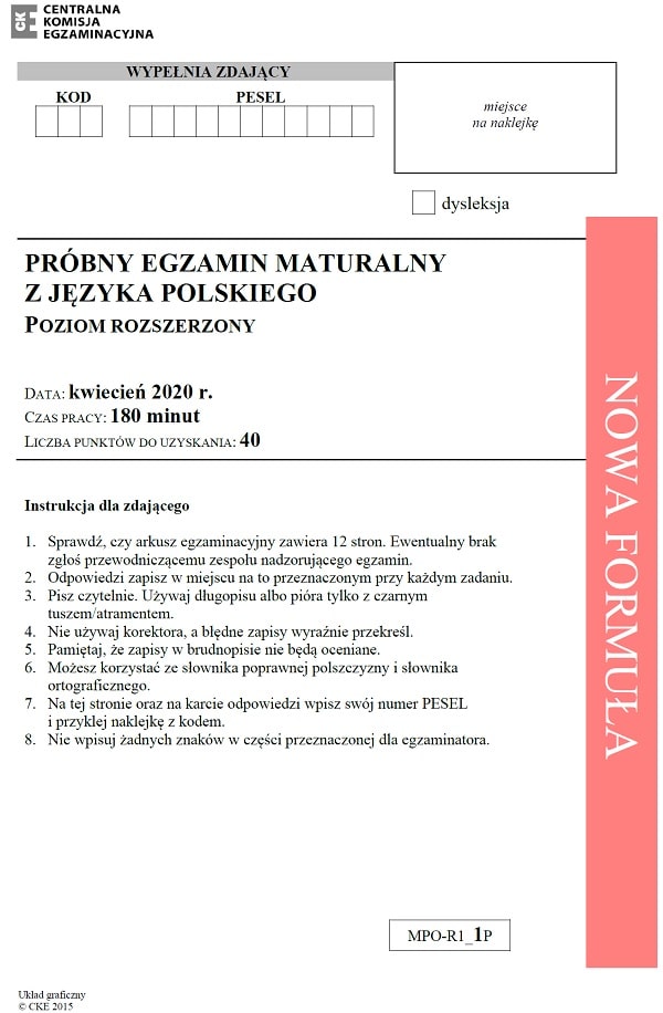 Prbna matura 2020 - arkusz CKE - jzyk polski rozszerzony