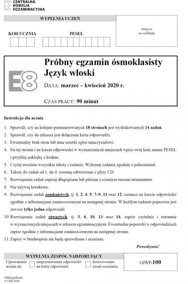 Arkusz prbnego egzaminu smoklasisty 2020 z j. woskiego