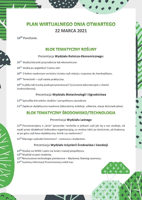 Program Wirtualnego Dnia Otwartego Uniwersytetu Rolniczego w Krakowie 2021