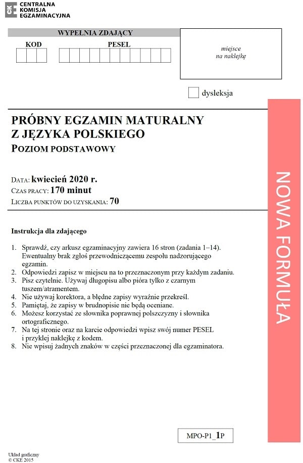 Arkusz prbnej matury 2020 - j. polski podstawowy