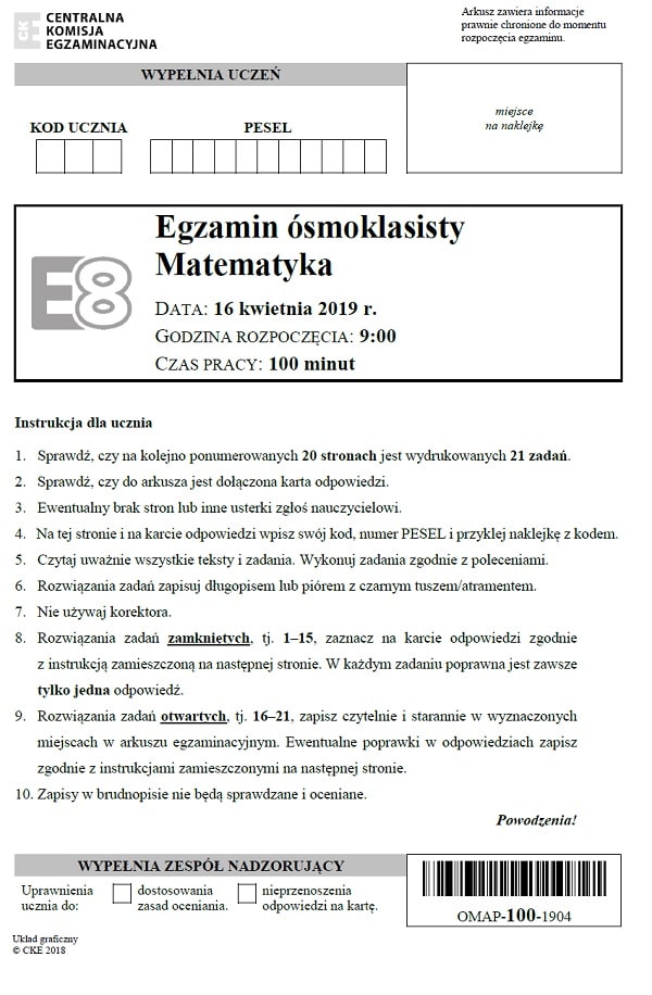 Egzamin smoklasisty 2019 - matematyka s. 1