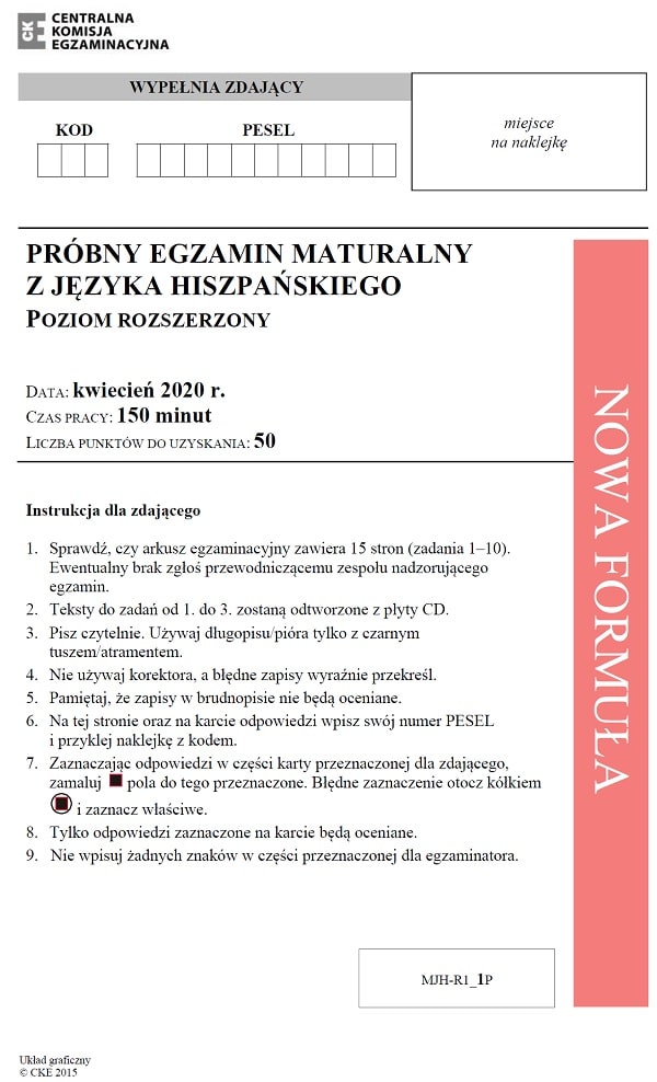 Prbna matura 2020 - arkusz CKE - j. hiszpaski rozszerzony