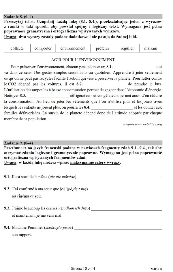 Prbna matura 2020 - arkusz CKE - j. francuski rozszerzony