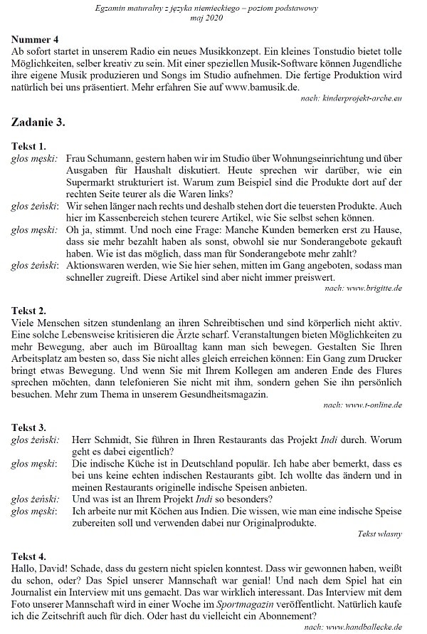 Matura z niemieckiego 2020 - transkrypcja nagra - poziom podstawowy