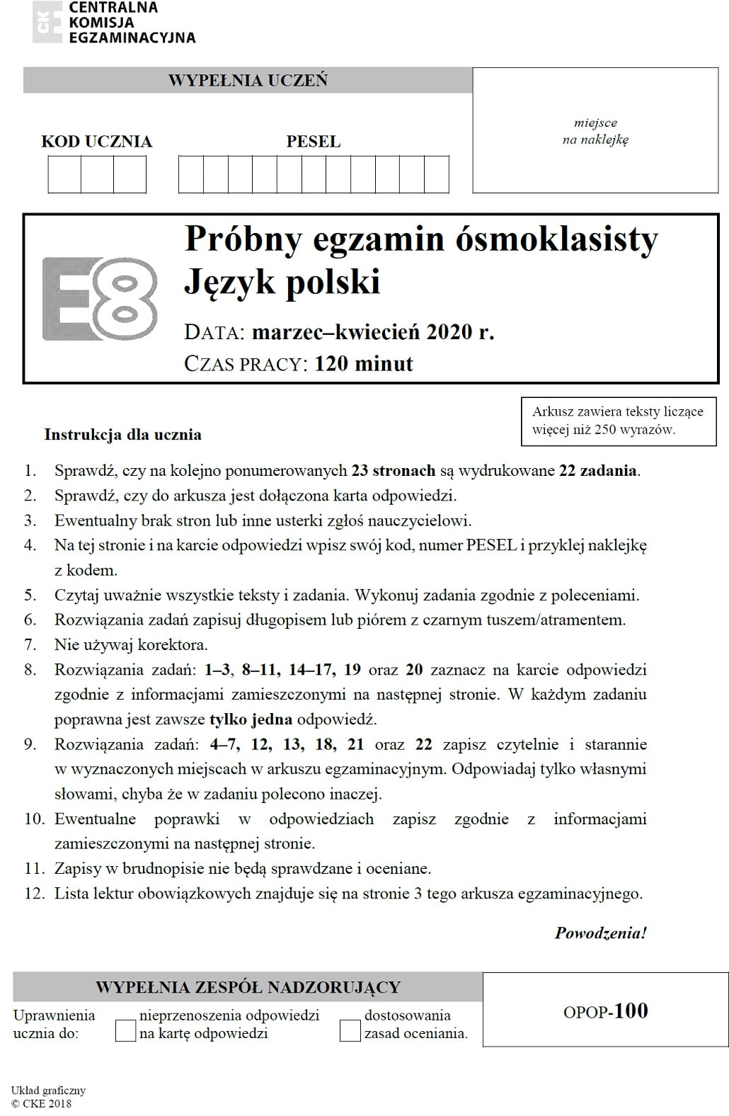 Pierwsza strona prbnego arkusza z j polskiego egzaminu smoklasisty