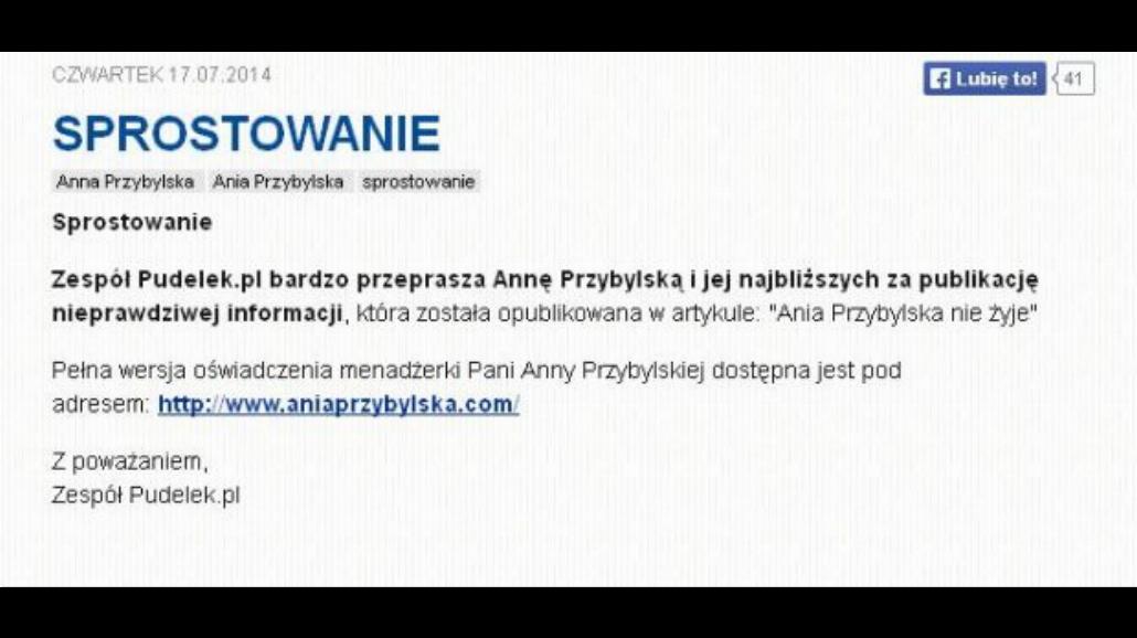 Anna Przybylska nie żyje? Wpadka Pudelek.pl
