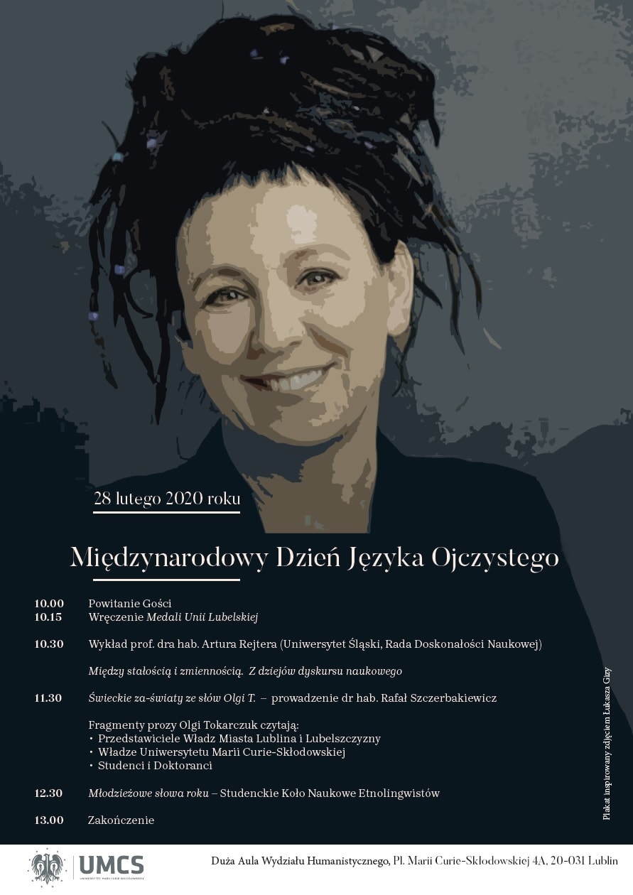 Plakat z Olgą Tokarczuk, Międzynarodowy Dzień Języka Ojczystego 2020 UMCS