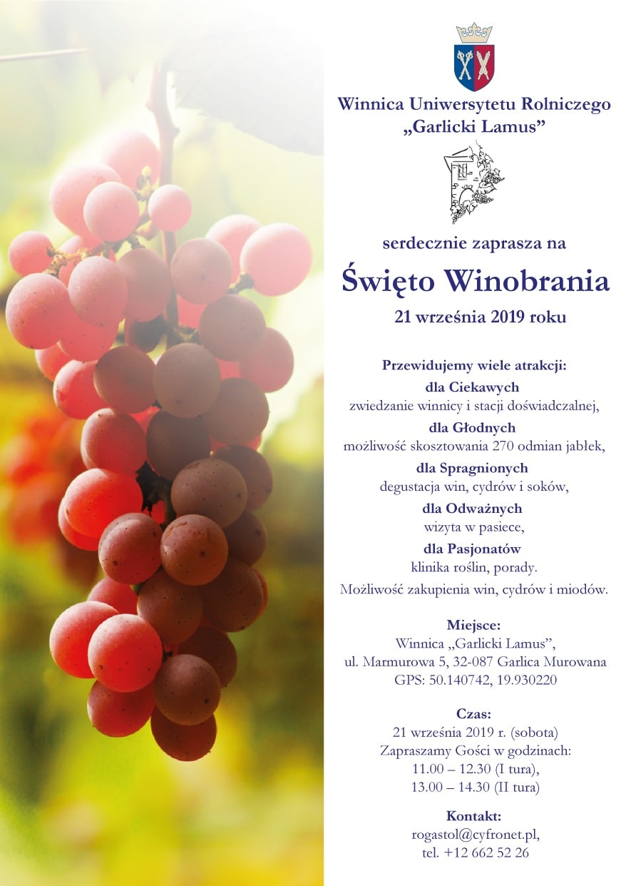 Zaproszenie na święto winobrania w Uniwersytecie Rolniczym w Krakowie