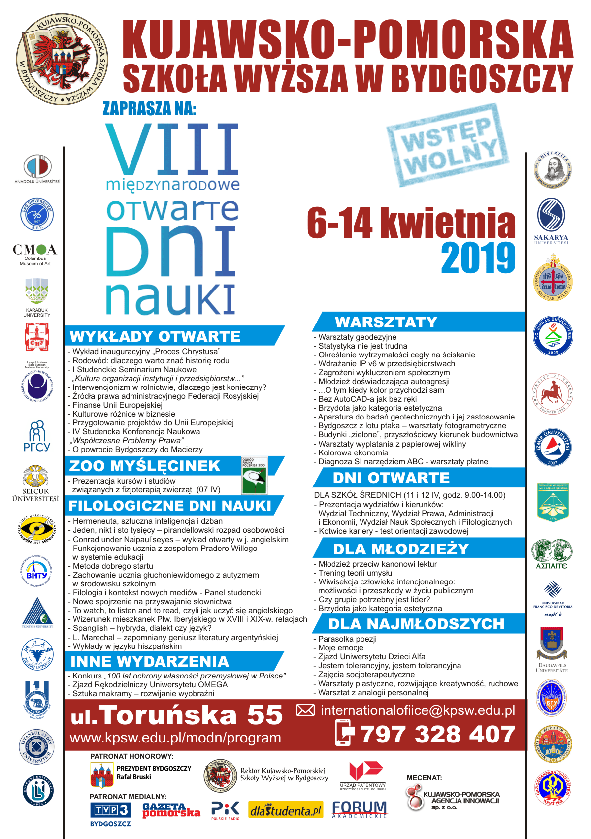 VIII Międzynarodowe Otwarte Dni Nauki w Kujawsko-Pomorskiej Szkole Wyższej w tym roku odbywać się będą od 6 kwietnia do 14 kwietnia