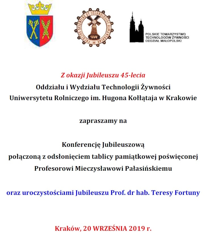Zaproszenie na obchody 45-lecia wydziału technologii żywności UR w Krakowie